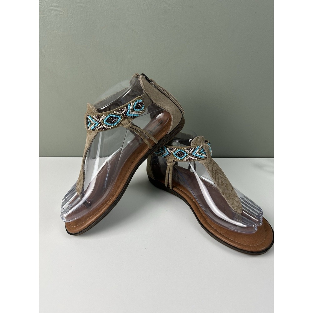 Minnetonka Antigua Taupe Leather Beaded BOHO Zipper Sandals Sz 6